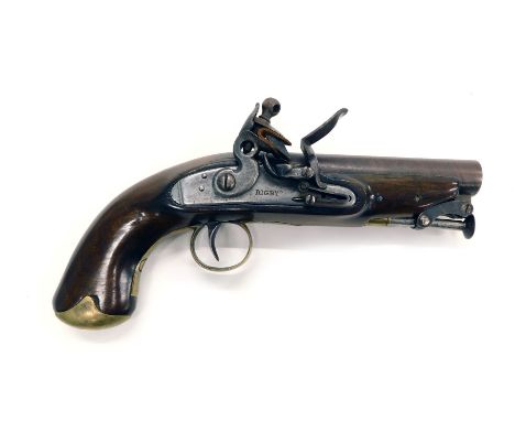 An early 19thC Irish 16-bore flintlock pistol by Rigby, with swivel ram rod, brass trigger guard and pommel to the walnut sto