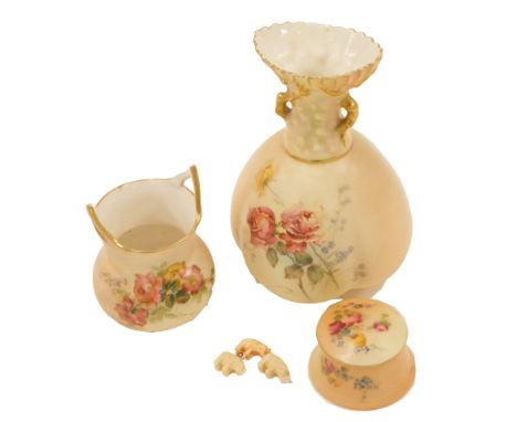 Three items of Royal Worcester blush ivory, comprising a floral painted vase, with purple Worcester stamp to underside, 16cm 