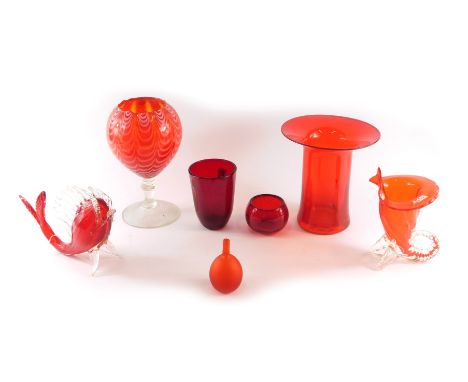 A ruby tinted art glass vase, with flared rim, 21cm diameter, a Murano fish, a red tinted goblet with trailed decoration and 