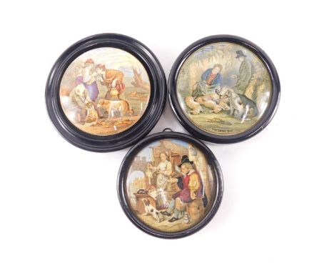 Three Prattware pot lids, to include The Game Bag, Lend a Bite, etc. 