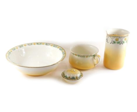 A Lynton early 20thC ceramic part wash stand set, comprising jug, bowl, chamber pot and soap dish, each decorated with a band