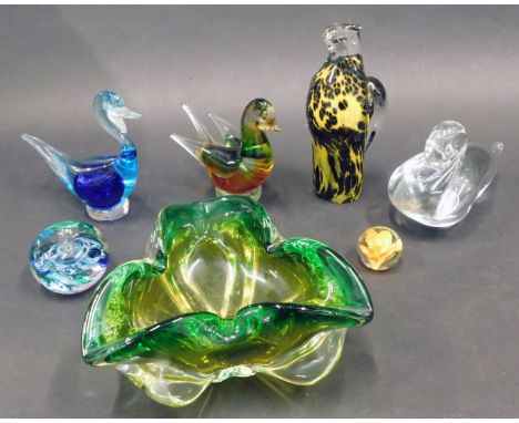 A collection of art glass, to include a Murano style triangular bowl, a Swedish clear art glass duck, engraved Ronneby, with 