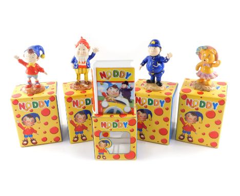 A collection of four Royal Worcester Noddy novelty figures, and a savings book and money box, all boxed. (5)