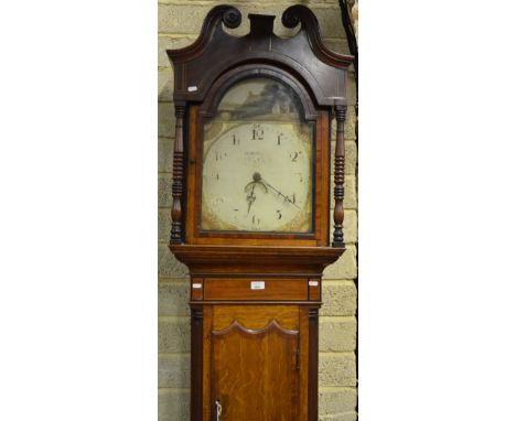 An early 19th century oak and mahogany 30-hr longcase clock with painted arched dial by Whiston (place-name not legible) in a