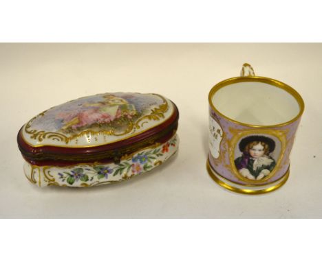 A Victorian Christening mug painted with the head and shoulder study of a young girl, inscribed in gilt 'Annie Littler, Born 