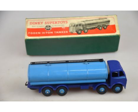 Dinky Supertoys no.504 1948-52 Foden 14 ton Tanker, 1st type dark blue cab and chassis with light blue flash, tank and wheel 