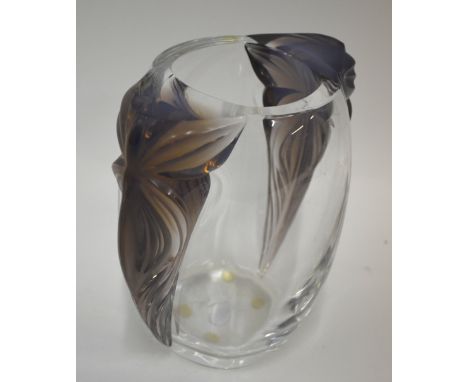 A Lalique, France 'Clematis' amethyst vase of ovoid form moulded with two stylised floral purple tinted handles, 17 cm h. Goo