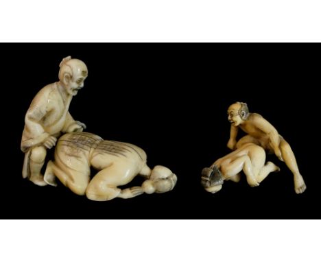 Two Japanese erotic netsuke, each two part, 7.5cm wide and 5cm wide, 19th Century (faults)