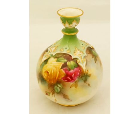 A Royal Worcester globular shaped vase the body painted with pink and yellow roses on a shaded ground, leaf moulded shoulder 