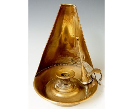 A Victorian brass chamber stick of unusual design with tapered half conical cowl, together with a snuffer, 23cm high, 20cm wi