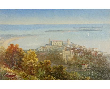 Continental School, mid 20th Century - miniature of a coastal town with trees in foreground, an extensive seascape beyond, oi
