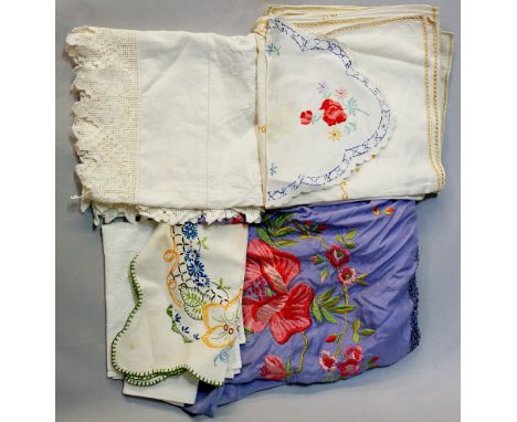 A bolster case with crocheted ends, a lilac machine woven silk scarf, a cotton blouse, lace trimmings, lace trimmed tableclot