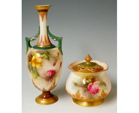 A Hadley's Worcester two handled urnular vase with brown lappet moulded neck with green leaf handles the body painted wtih bu
