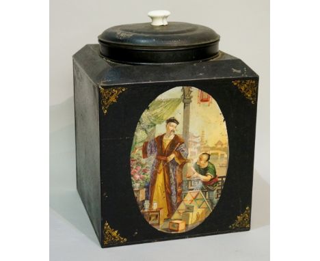 A shop tea tin, black Japanned with oval transfer print of China man and companion unloading tea, the circular slightly domed