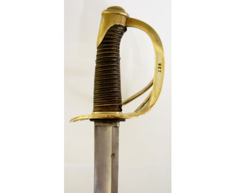 A late 19th Century French cavalry officer's sword with three-bar hilt and wire wrapped leather grip, blade engraved indistin