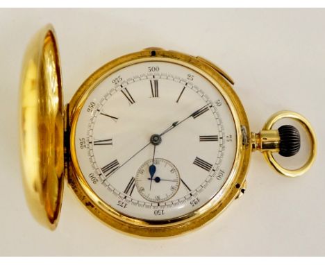 A Victorian 18ct yellow gold minute repeating chronometer the white enamel face with subsidiary seconds dial, Roman and Arabi