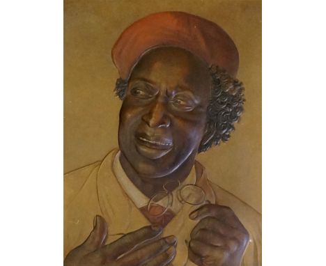 An unusual late 19th Century pressed card head and shoulder portrait of a Negro wearing red hat holding Pince Nez, 37cm x 29c