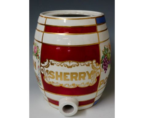 Advertising - a 19th Century pottery advertising sample ceramic barrel of panelled form, variously inscribed: Rum, Gin, Sherr