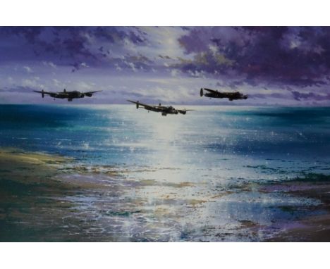 Simon W Attack  Art - Crossing the Coast, the three Lancasters of Gibson, Martin & Hopgood, Operation Chastise, limited editi