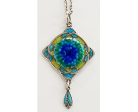 An Art Nouveau enamel pendant of square interlaced design brightly enamelled in turquoise, blue and green with bud shaped pen