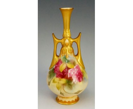 A Royal Worcester two handled bottle shaped vase painted by E M Fildes, decorated with pink roses on a shaded ground, gilt ha