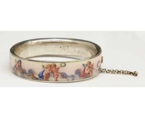 A late 19th Century continental silver and enamel bracelet finely enamelled on two panels with a continuous scene of winged a