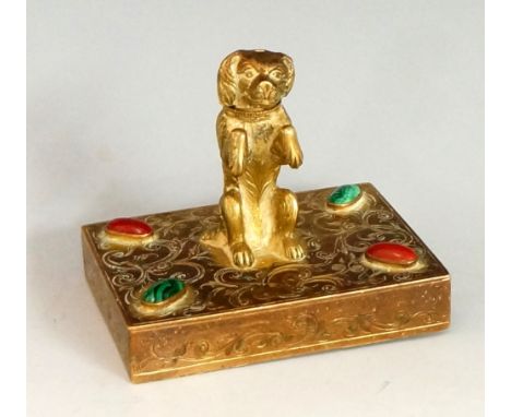 A Victorian desk stand inkwell the rectangular base foliate engraved with malachite and blood stone cabochons to the corners 