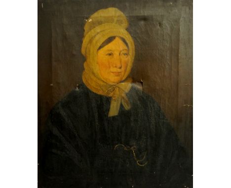English School, mid 19th Century - half length portrait of a woman with white ribbon tied bonnet and lorgnettes, 77cm x 63cm,