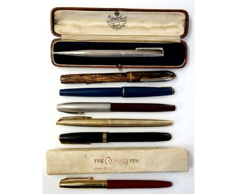 A Yard-o-Led engine turned silver propelling pencil, cased; a Conway Stuart inkpen, boxed; five other inkpens, various makers