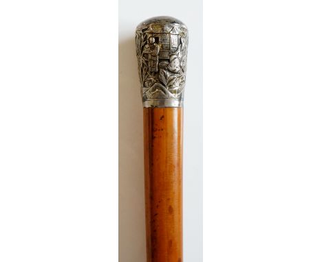A Chinese bamboo walking stick with silver pommel embossed with figures and bamboo in temple landscapes, brass ferrule, 83cm 