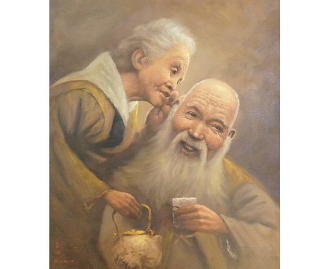 Japanese School, 20th Century - portrait of an elderly couple drinking tea, oil on canvas, signed lower left in red, 美山 Bizan