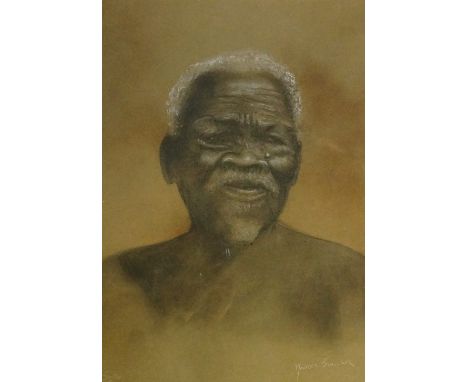 Maurice Sinclair - head and shoulder portrait of the aborigine Makhulu Bas, pastel on brown paper, signed in white lower righ