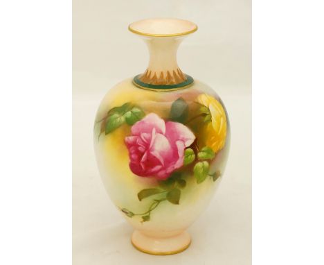 A Royal Worcester urnular shaped vase with waisted moulded neck the body painted with yellow and pink roses on a shaded groun