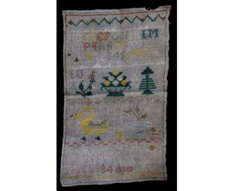 A Victorian needlework sampler worked with alphabet, numerals and inscribed Margaret Shepard, 1860, 42cm x 25cm; another need