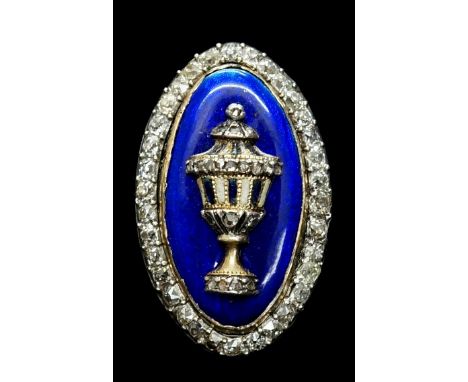 A Georgian enamel and diamond ring, the oval tablet with a central royal blue panel, applied pedestal goblet set diamond chip