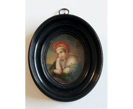 Continental School, 19th Century - portrait of a young woman resting on a wall wearing red turban and blue and green cloak, a