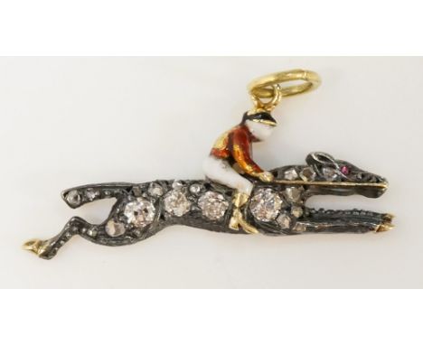 An enamel and diamond set jockey and horse pendant, 2.7cm wide