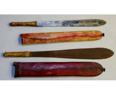 Two Masai swords of machete style with hide bound handles and scabbards, 59cm long and smaller (2)