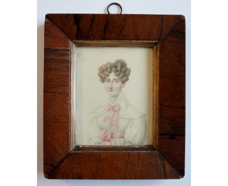 S. Frith - half length portrait of a young woman with pink ribbon tied white dress, watercolour and pencil, signed lower righ