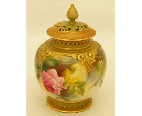 A Royal Worcester fluted globular pot pourri vase with brushed gilt and green lappet moulded collar and reticulated guilloche