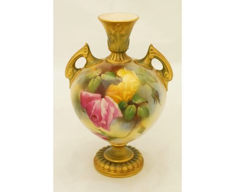 A Royal Worcester two handled vase of compressed urnular shape the body painted with pink and yellow roses by J Lander, leaf 