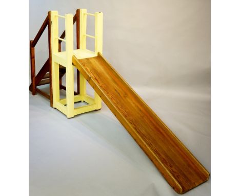 A charming 19th Century pine and painted pine child's slide with four tread step, lemon painted platform and slide, 300cm lon