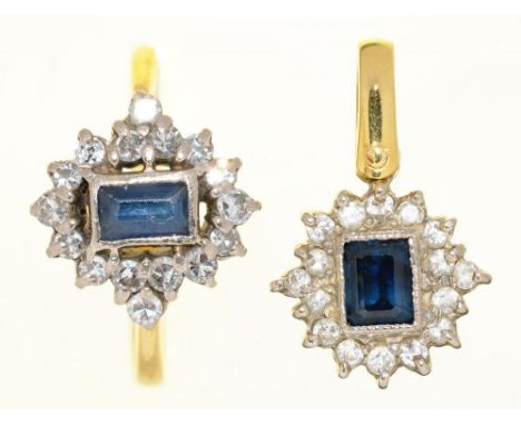 A STEP CUT SAPPHIRE AND DIAMOND PENDANT IN 18CT GOLD, AND A SIMILAR RING, 5.5G, SIZE K++IN GOOD CONDITION WITH LIGHT WEAR CON