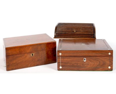 A VICTORIAN ROSEWOOD AND BRASS LINE AND MOTHER OF PEARL SPOT INLAID WORK BOX WITH FITTED TRAY, 27.5CM L, A VICTORIAN WALNUT B