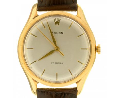 A ROLEX PRECISION GENTLEMAN'S WRISTWATCH, CIRCULAR DIAL APPROX 30 MM, ALLIGATOR EMBOSSED STRAP++IN GOOD WORKING CONDITION WIT