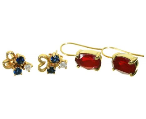 A PAIR OF RUBY DROP EARRINGS IN GOLD, AND A PAIR OF SAPPHIRE AND DIAMOND EARRINGS, IN GOLD MARKED 585, 3.5G++LIGHT WEAR CONSI