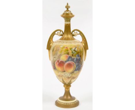 A ROYAL WORCESTER VASE AND COVER, PAINTED BY ROBERTS, SIGNED, WITH RIPENING FRUIT AND BLOSSOM BEFORE A MOSSY BANK WITH A BUTT