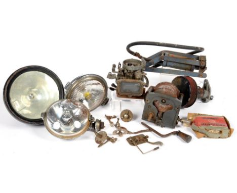 VINTAGE MOTORING. A RAYDYOT CHROMIUM PLATED SPOT LIGHT AND A SIMILAR LUCAS LAMP, A LUCAS BLACK PAINTED MOTORCYCLE HEAD LAMP, 