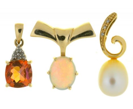 THREE PENDANTS COMPRISING AN OPAL CABOCHON PENDANT OF APPROX. 1.25 CT, IN GOLD MARKED 585, A DIAMOND AND CULTURED PEARL PENDA