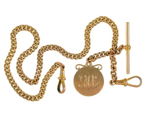A 9CT GOLD ALBERT, LINKS INDIVIDUALLY MARKED, WITH T-BAR AND MONOGRAMMED MEDALLION, INSCRIBED TO REVERSE 'PRESENTED BY MEMBER
